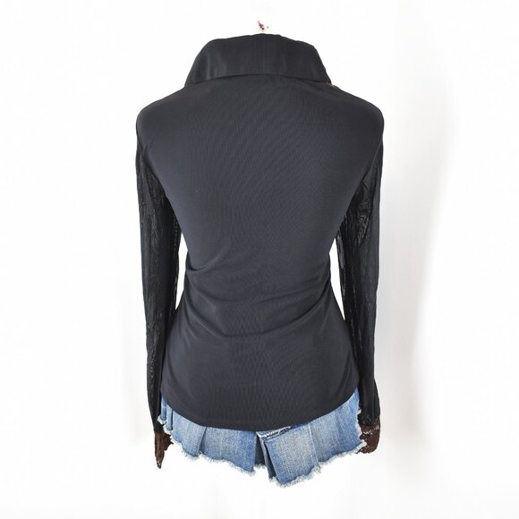 VTG 00s Y2K Kay Celine Black Sheer Mesh Brown Floral Lace Long Sleeve Zip Blouse - Picture 3 of 6